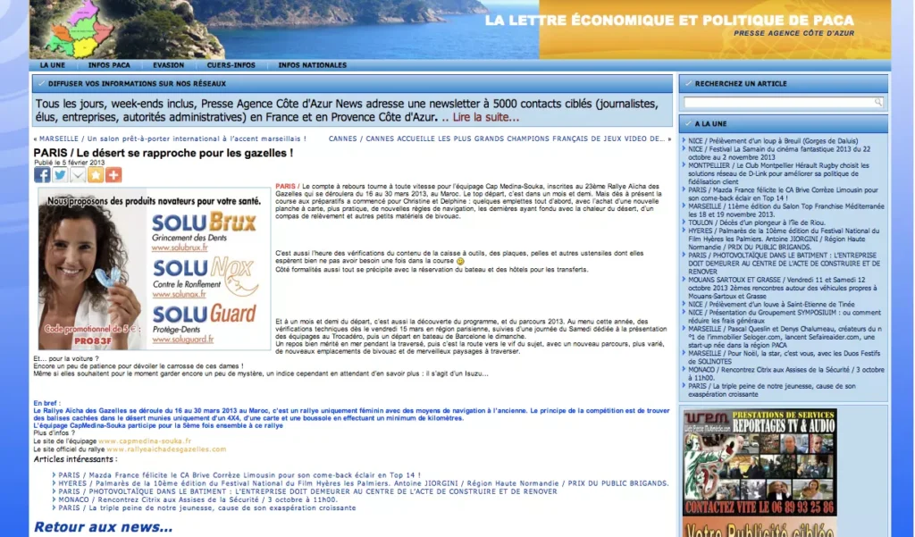Gazelle Aicha rallye : presse agence cote d’azur -5 février 2013