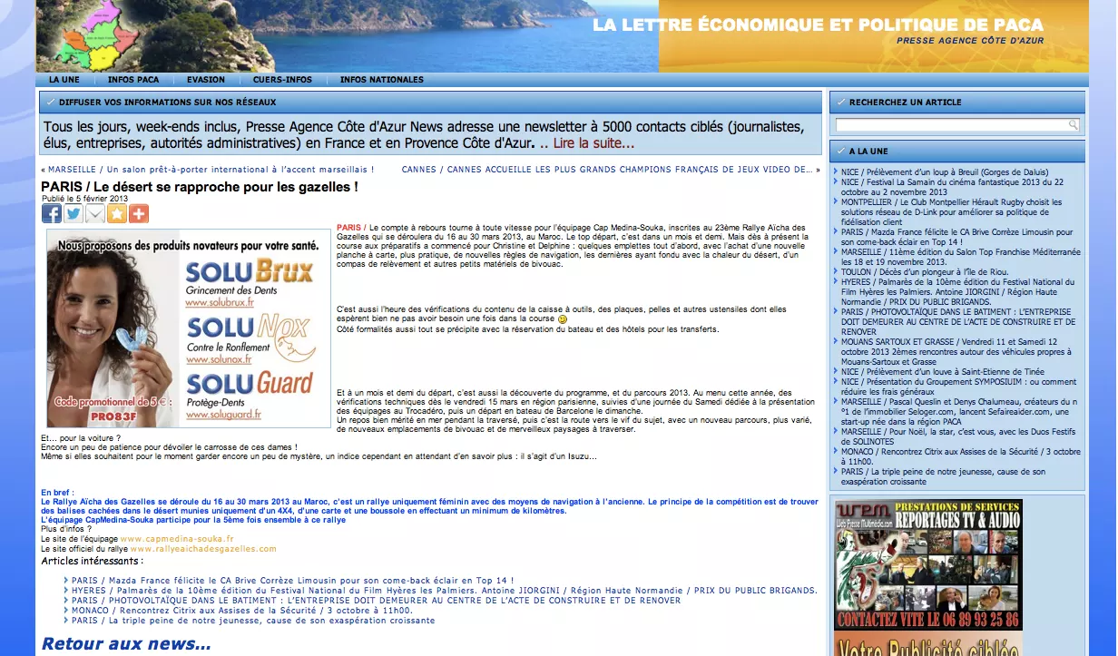 Gazelle Aicha rallye : presse agence cote d’azur -5 février 2013