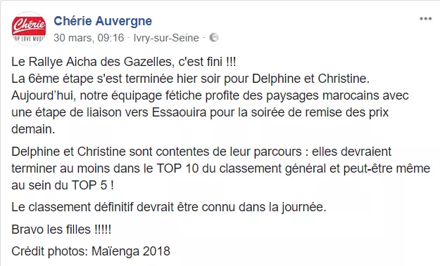 Post sur FaceBook de Chérie Auvergne